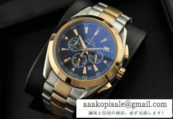 人気商品 2014春夏 omega オメガ 日本製クオーツ 6針クロノグラフ メンズ腕時計 青色文字盤 日付表示 月付表示
