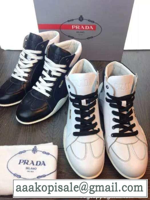 完璧な白黒の結合！2015 PRADA プラダ ハイカットスニーカー 2色可選 抗菌?防臭加工
