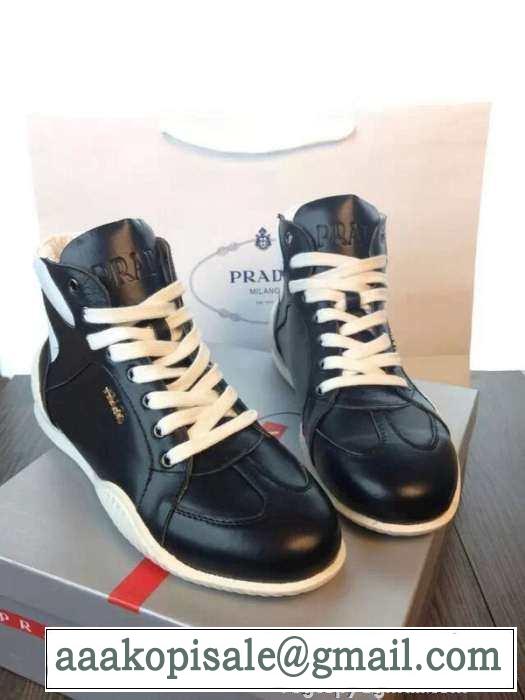 完璧な白黒の結合！2015 PRADA プラダ ハイカットスニーカー 2色可選 抗菌?防臭加工