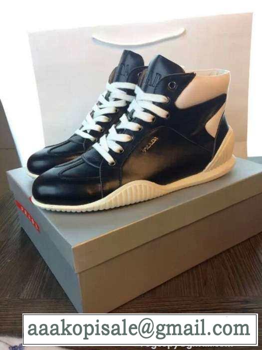 完璧な白黒の結合！2015 PRADA プラダ ハイカットスニーカー 2色可選 抗菌?防臭加工