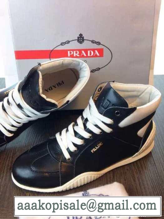 完璧な白黒の結合！2015 PRADA プラダ ハイカットスニーカー 2色可選 抗菌?防臭加工