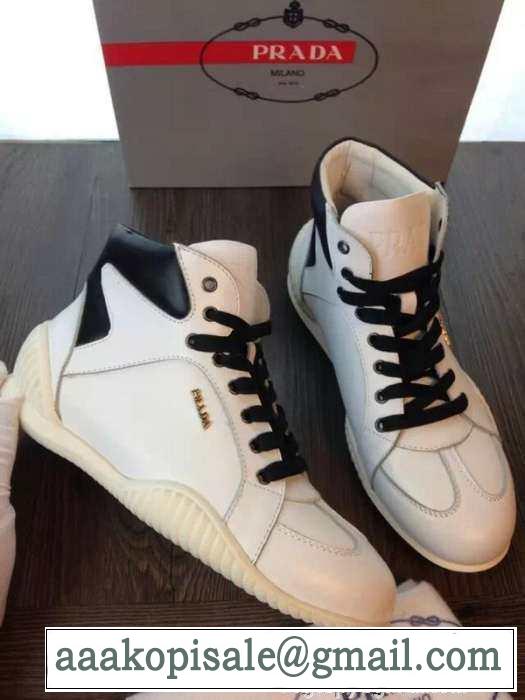 完璧な白黒の結合！2015 PRADA プラダ ハイカットスニーカー 2色可選 抗菌?防臭加工