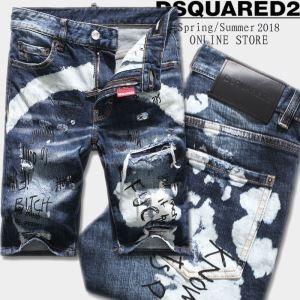 海外セレブ定番愛用DSQUARED2激安ディースクエアードデニムメンズショートジーンズ英字プリントされたズボン