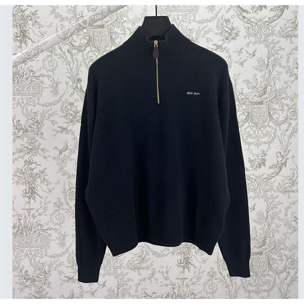 ミュウミュウ Miu Miu  セーター コピーレディース ハーフジップ ニット ロゴ刺繍 ネイビー カジュアル 上品