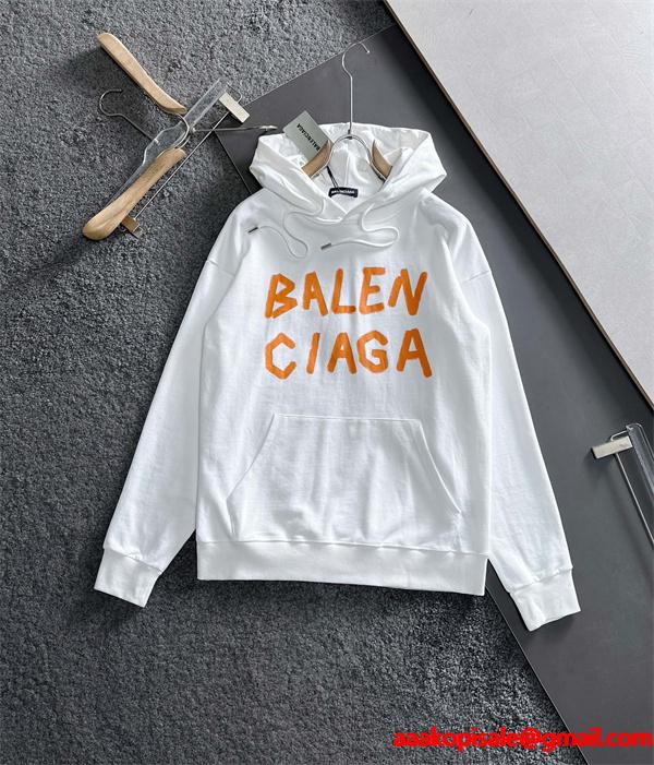 バレンシアガ コピー パーカー ホワイト オレンジロゴ 手書き風 プリントデザイン カジュアル ストリート BALENCIAGA