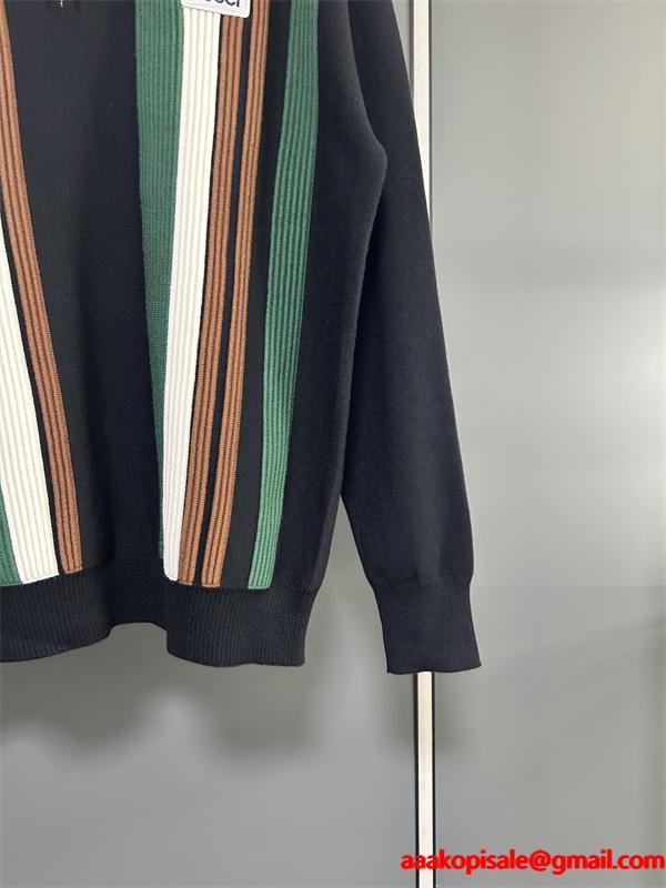 グッチ コピー ストライプ ジップアップ 襟付き ニット トップス ブラウン アイボリー GUCCI