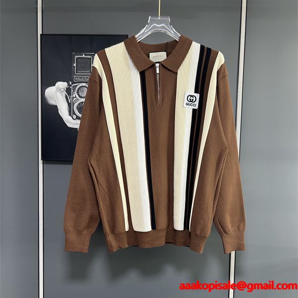 グッチ コピー ストライプ ジップアップ 襟付き ニット トップス ブラウン アイボリー GUCCI