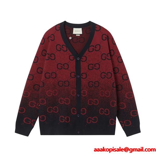 GUCCI 偽物 グラデーション GGロゴ カーディガン レッド ブラック ニット アウター グッチ