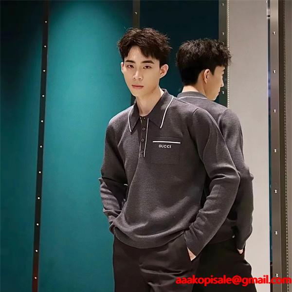 GUCCI コピー ロゴ入り ポロカラー ニット トップス グレー 長袖 シンプル カジュアル グッチ