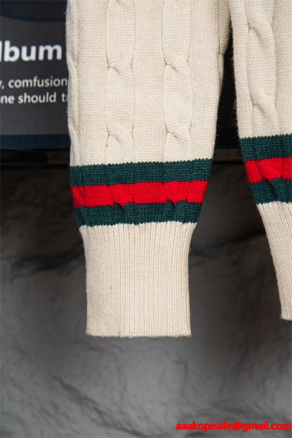GUCCI コピー トリコロールライン ケーブル編み クルーネック ニット アイボリー グッチ