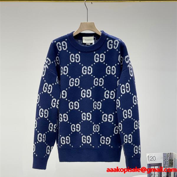 GUCCI コピー GG総柄 クルーネック ニット セーター ネイビー モノグラム 新登場 グッチ