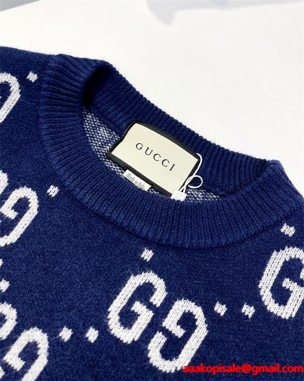GUCCI コピー GG総柄 クルーネック ニット セーター ネイビー モノグラム 新登場 グッチ