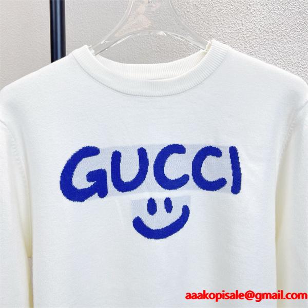 グッチ スーパーコピー スマイルロゴ クルーネック ホワイト ニット セーター プレミアム GUCCI