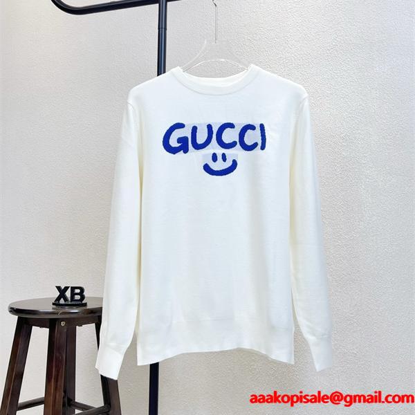 グッチ スーパーコピー スマイルロゴ クルーネック ホワイト ニット セーター プレミアム GUCCI