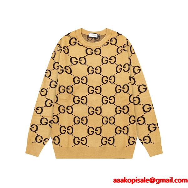 GUCCI コピー エレガントGG総柄 クルーネック ニット セーター ベージュ モノグラム グッチ