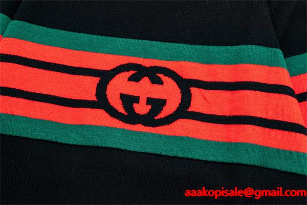 グッチ スーパーコピー クラシックライン ブラック ニット セーター レッド＆グリーン かっこいい GUCCI
