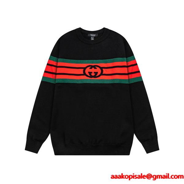 グッチ スーパーコピー クラシックライン ブラック ニット セーター レッド＆グリーン かっこいい GUCCI