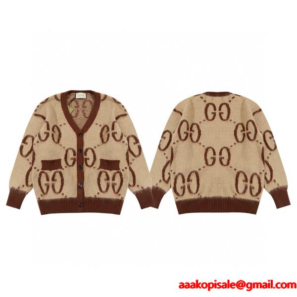 GUCCI 偽物 ソフトモヘア GGカーディガン ベージュ ブラウン ボタン ニット アウター グッチ