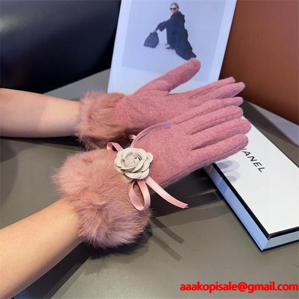 Chanel シャネル コピー 激安 レディース グローブ ファー付き カメリア リボン ウール素材 秋冬 新作 ピンク 高品質