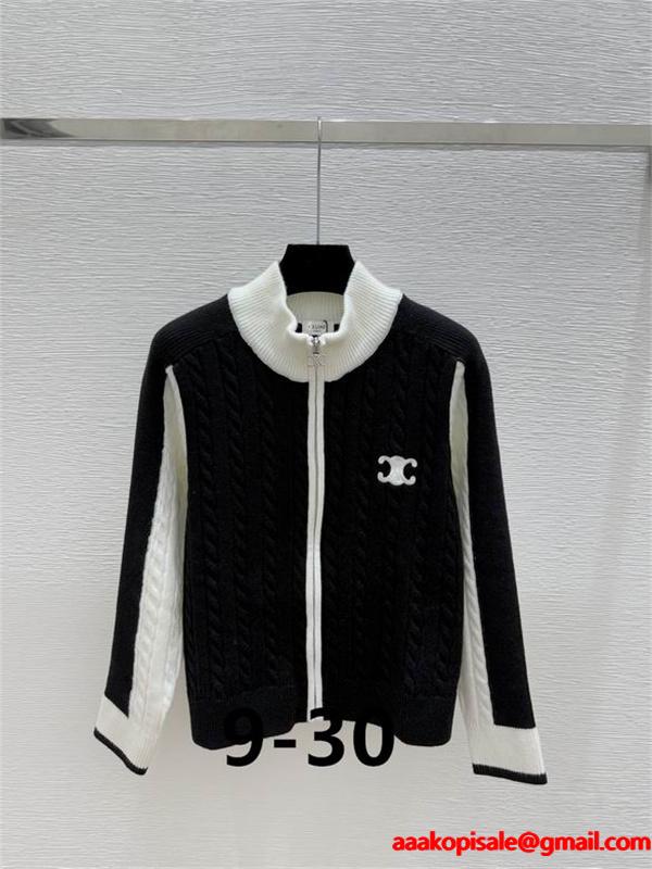モノトーンが洗練された印象 ブラック×ホワイト セリーヌ CELINE 偽物 ジップアップ ケーブルニット