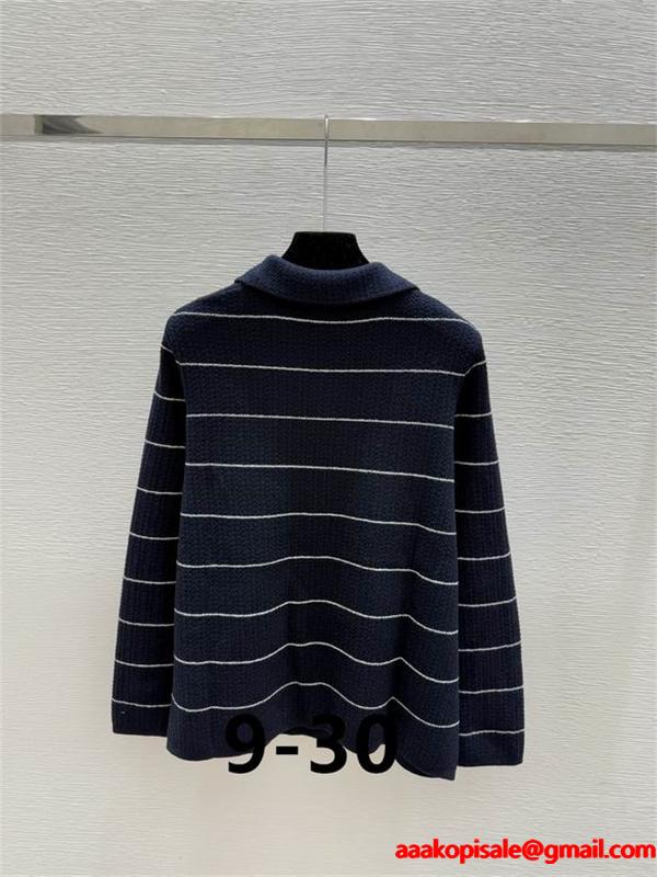 ナチュラルベージュ×ネイビー セリーヌ CELINE スーパーコピー ボーダー ニット ポロセーター