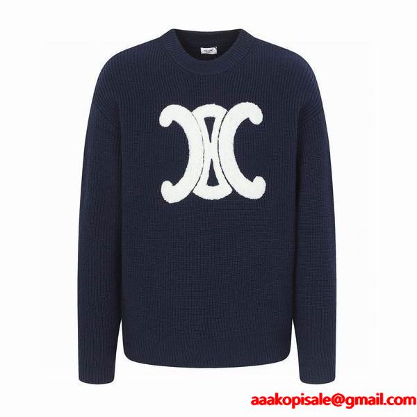 CELINE セリーヌ コピー 最新コレクション ネイビー ホワイト トリオンフロゴ ニット セーター