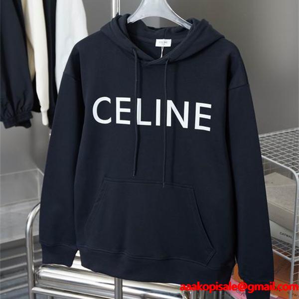 セリーヌ 偽物 CELINE 最新コレクション ネイビーロゴ フーディ スウェット パーカー 季節限定モデル