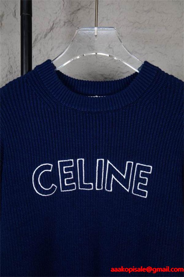 セリーヌ CELINE スーパーコピー 2025秋冬新作 ネイビー ロゴ刺繍 クルーネック ニット セーター