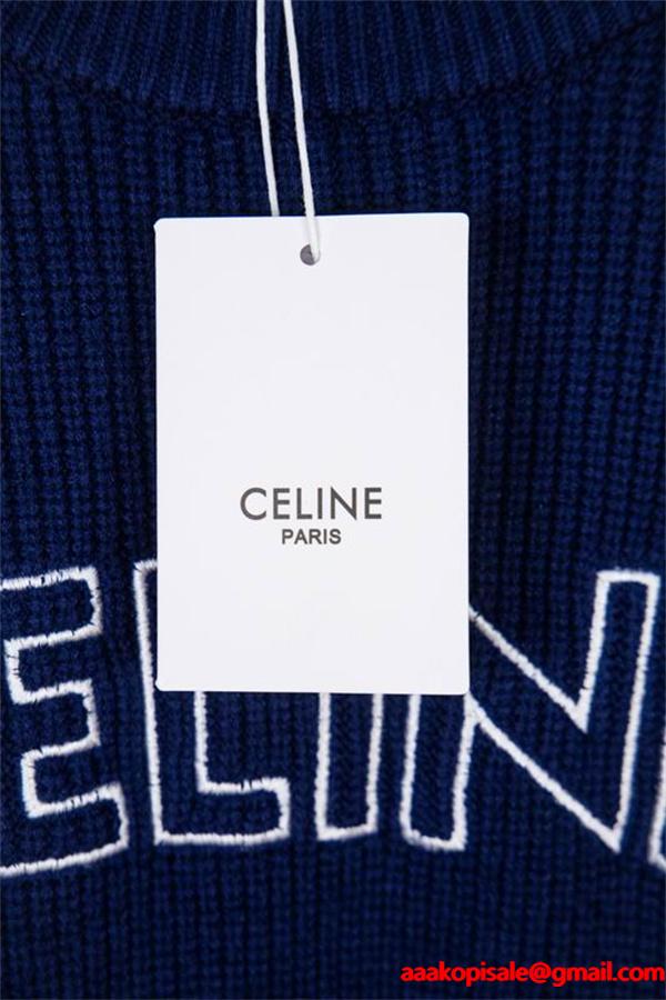 セリーヌ CELINE スーパーコピー 2025秋冬新作 ネイビー ロゴ刺繍 クルーネック ニット セーター