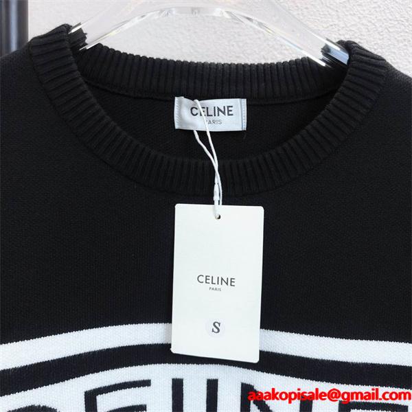 CELINE セリーヌ 偽物 2025秋冬 ブラック×ホワイト ボーダーロゴ ニット セーター 人気急上昇アイテム