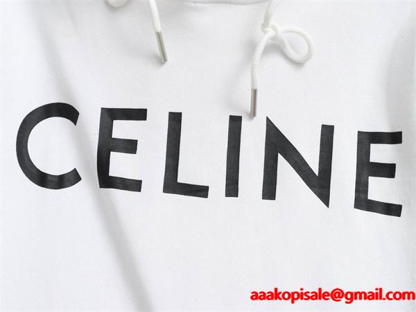 CELINE セリーヌ 偽物 最新コレクション ホワイト ビッグロゴ フーディ パーカー 2025AW注目アイテム