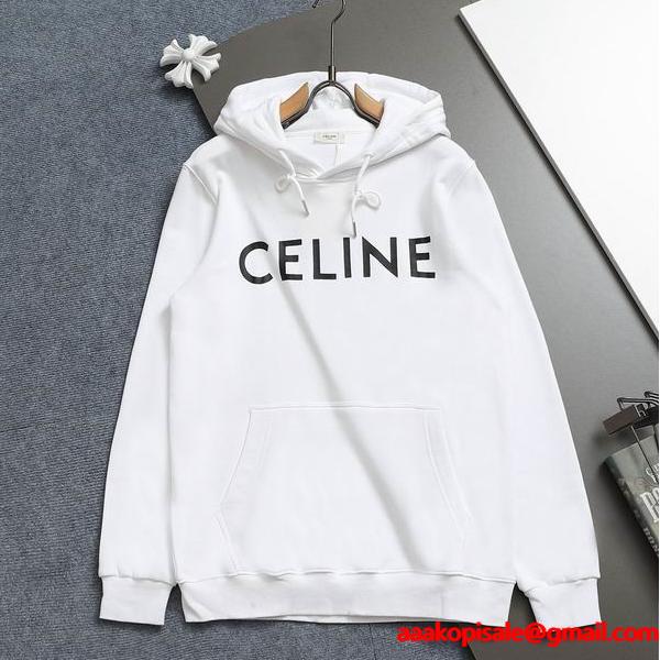 CELINE セリーヌ 偽物 最新コレクション ホワイト ビッグロゴ フーディ パーカー 2025AW注目アイテム