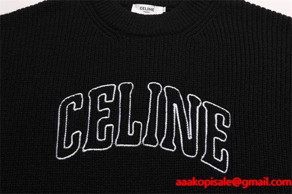 高級感漂うブラックカラー 最新コレクション ロゴ刺繍 クルーネック セリーヌ CELINE コピー セーター
