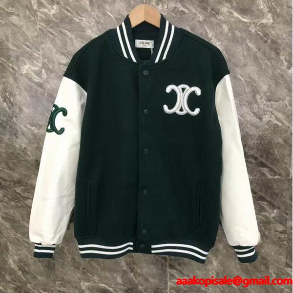 セリーヌ CELINE 偽物 グリーン ホワイト 配色が美しい 2025秋冬新作 トリオンフ刺繍 ジャケット