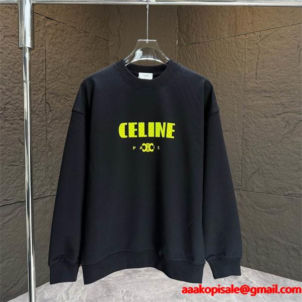 モード感溢れる セリーヌ CELINE 偽物 025秋冬新作 ブラック×イエロー ロゴプリント スウェット トレーナー