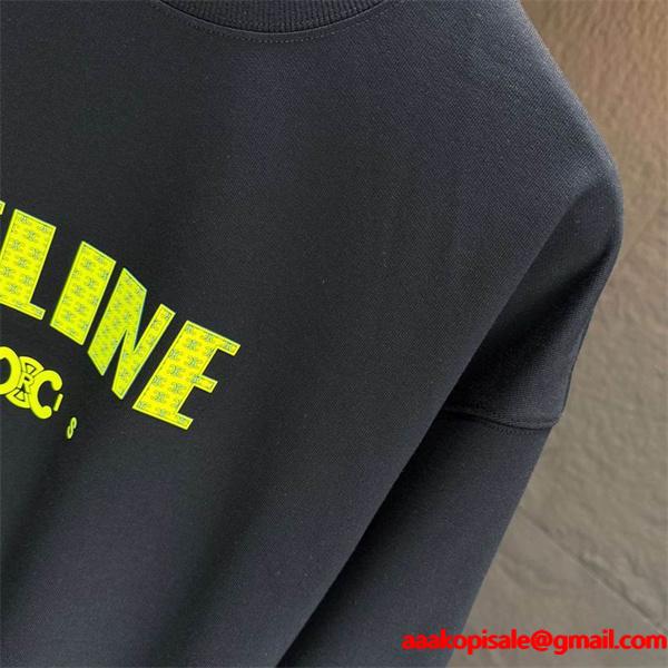 モード感溢れる セリーヌ CELINE 偽物 025秋冬新作 ブラック×イエロー ロゴプリント スウェット トレーナー