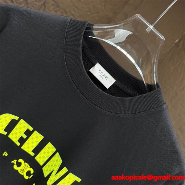 モード感溢れる セリーヌ CELINE 偽物 025秋冬新作 ブラック×イエロー ロゴプリント スウェット トレーナー