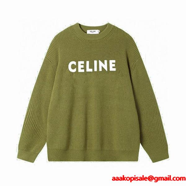 セリーヌ CELINE スーパーコピー柔らかな風合いが魅力の カーキ ロゴ刺繍 クルーネック ニット セーター