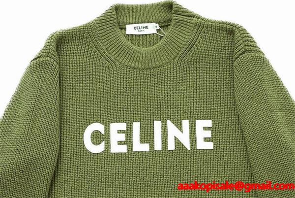 セリーヌ CELINE スーパーコピー柔らかな風合いが魅力の カーキ ロゴ刺繍 クルーネック ニット セーター