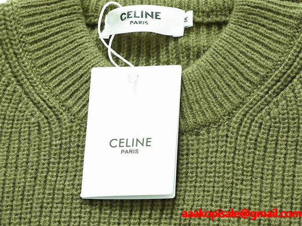 セリーヌ CELINE スーパーコピー柔らかな風合いが魅力の カーキ ロゴ刺繍 クルーネック ニット セーター