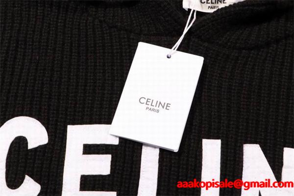 上品でモダンな印象の セリーヌ CELINE コピー 2025秋冬新作 ブラック ロゴ刺繍 ニット フーディ
