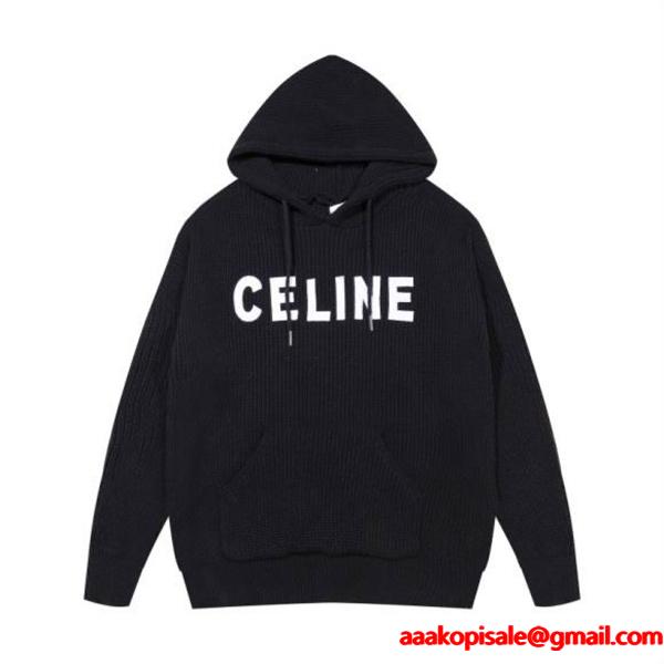 上品でモダンな印象の セリーヌ CELINE コピー 2025秋冬新作 ブラック ロゴ刺繍 ニット フーディ