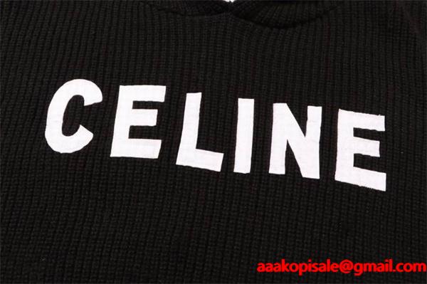 上品でモダンな印象の セリーヌ CELINE コピー 2025秋冬新作 ブラック ロゴ刺繍 ニット フーディ