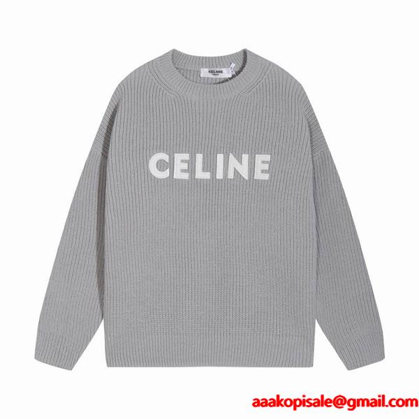 セリーヌ CELINE 偽物 上品で柔らかな 2025秋冬新作 グレー ロゴ刺繍 クルーネック ニット セーター