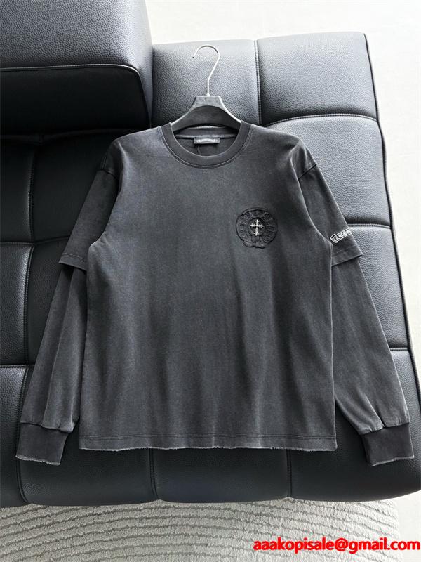 クロムハーツ CHROME HEARTS コピー 新作 偽レイヤード風 長袖Tシャツ 十字架×ホースシュー 刺繍デザイン ユニセックス