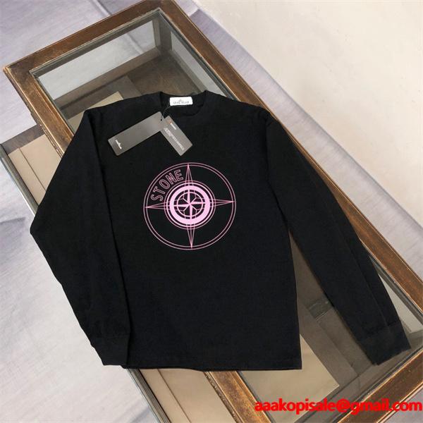 STONE ISLAND長袖ｔシャツ スーパーコピー  人気 上質 ピンクコンパスロゴ ブラック ストーンアイランド