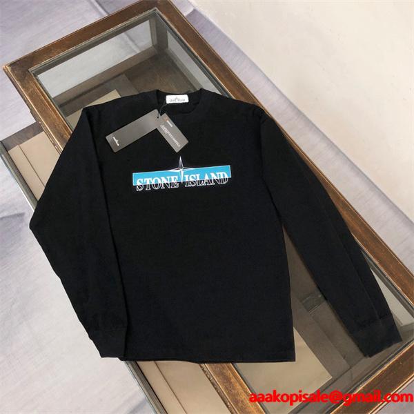 ストーンアイランド 長袖ｔシャツコピー  秋冬 限定 人気 ブルーロゴデザイン ブラック STONE ISLAND