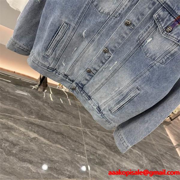 CHROME HEARTS コピー 個性的 華やか デニムジャケット レインボークロス バックプリント クロムハーツ