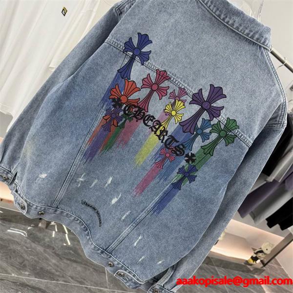 CHROME HEARTS コピー 個性的 華やか デニムジャケット レインボークロス バックプリント クロムハーツ