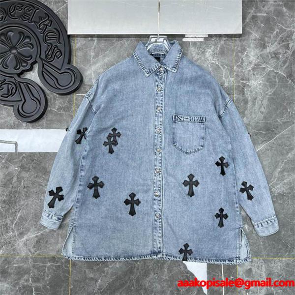 クロムハーツ コピー 個性的 クール デニムシャツ クロスワッペン デザイン CHROME HEARTS